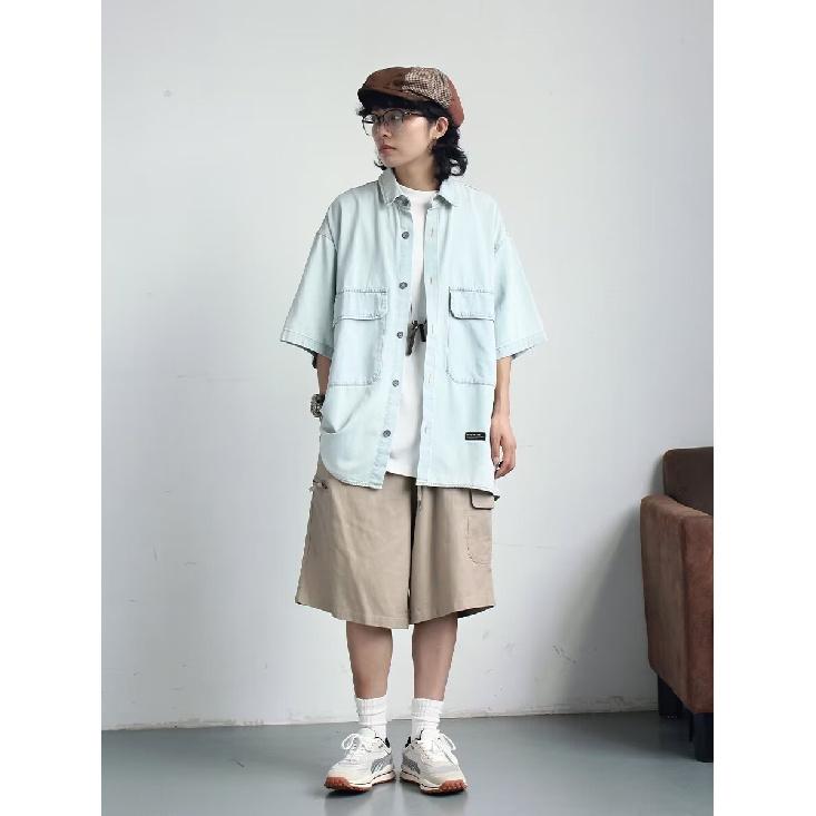 Retro džínová pracovní košile s krátkým rukávem, Pánská a dámská letní módní značka, Japonský retro trend s polovičním rukávem, Chladivá a volná košile