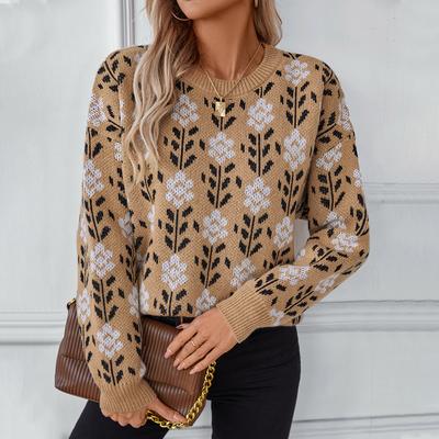 Suéteres casuales de manga larga con cuello redondo para mujer, suéteres de punto de gran tamaño con estampado de otoño e invierno, suéter de jacquard suave para mujer