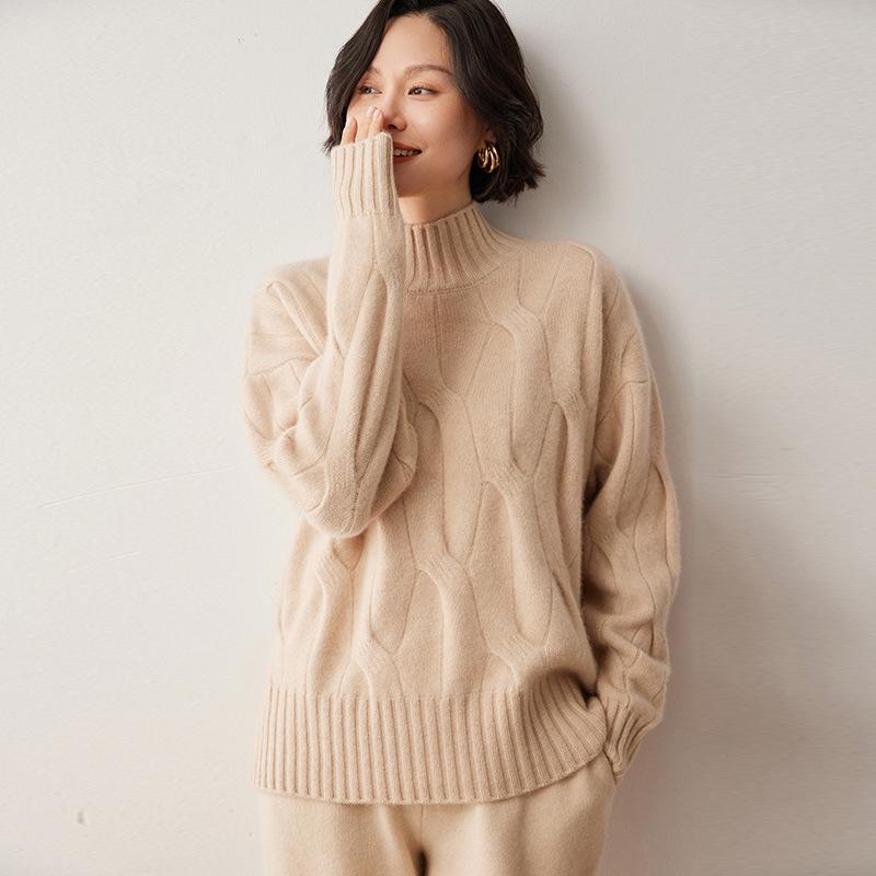 2026 Women's Plus Size Cable Knit Wool Sweater - Semi-High Neck, Thick and Loose Fit for Autumn/Winter