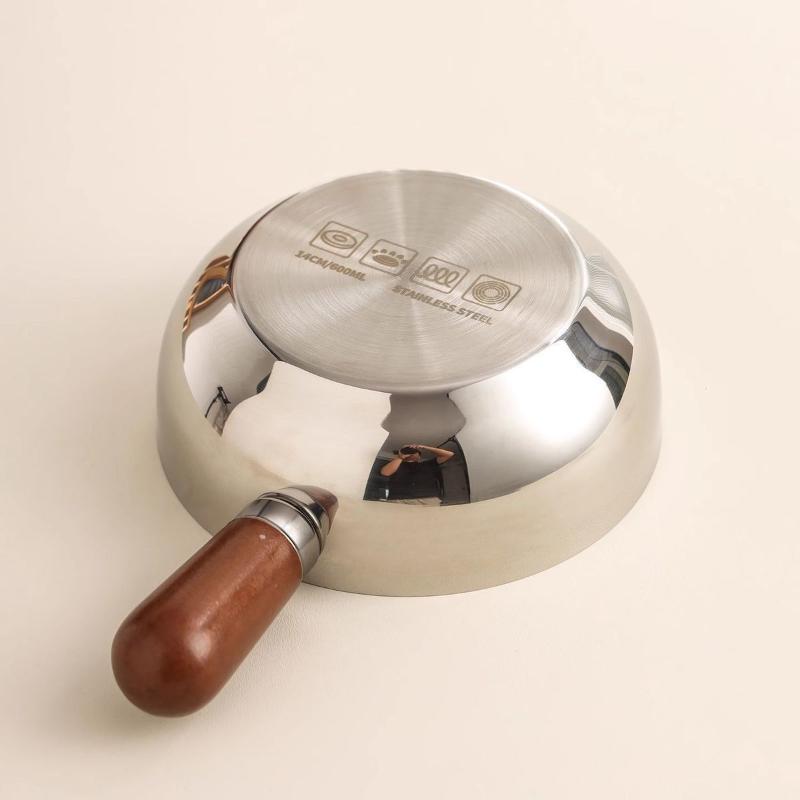 17Cm/14Cm Stainless Steel Cooking Pans With Wooden Handle & Glass Lid - Multi-Purpose Small Pots For Noodles And Eggs