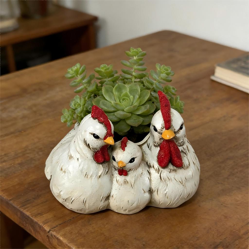 1PCAdorable ChickenFamily Resin Flower PotCreative Desktop Lawn Decor for Courtyard Terrace Garden Balcony Landscape Arrangement