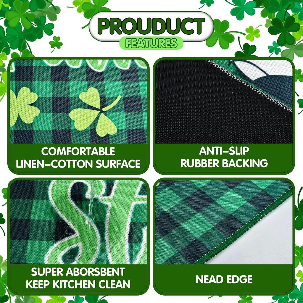 St. Patrick's Day Kitchen Rugs Sets of 2 Lucky Shamrock Gnomes Kitchen Mat St Patricks Day Floor Decorations Non Skid Washable Buffalo Plaid Mats for