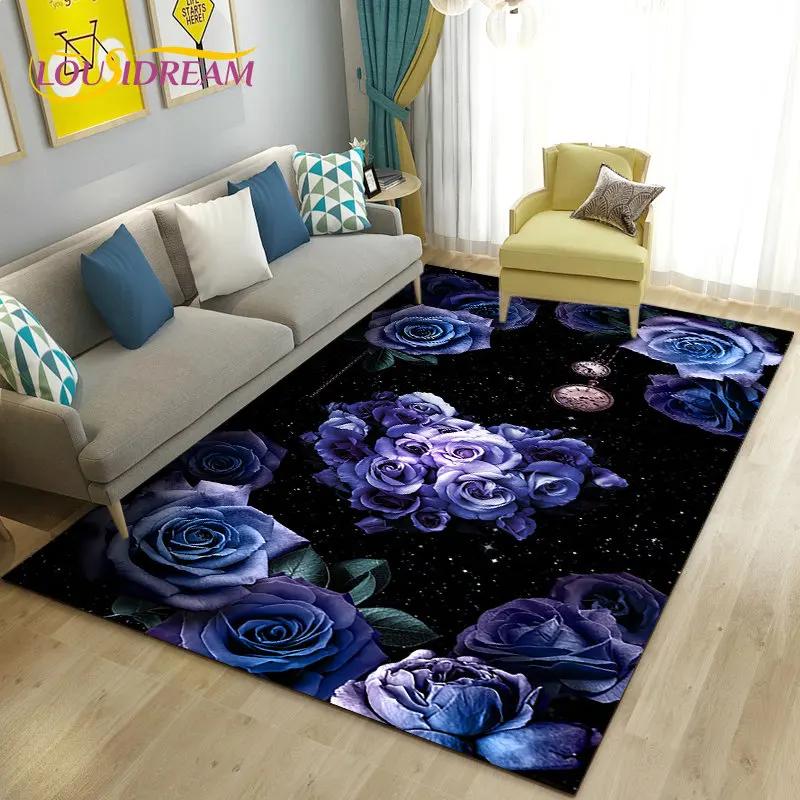 Evropský luxusní koberec Flower Rose Leaf Area,Koberec do obývacího pokoje Ložnice Pohovka Dekorace rohožky, Protiskluzová podložka do kuchyně