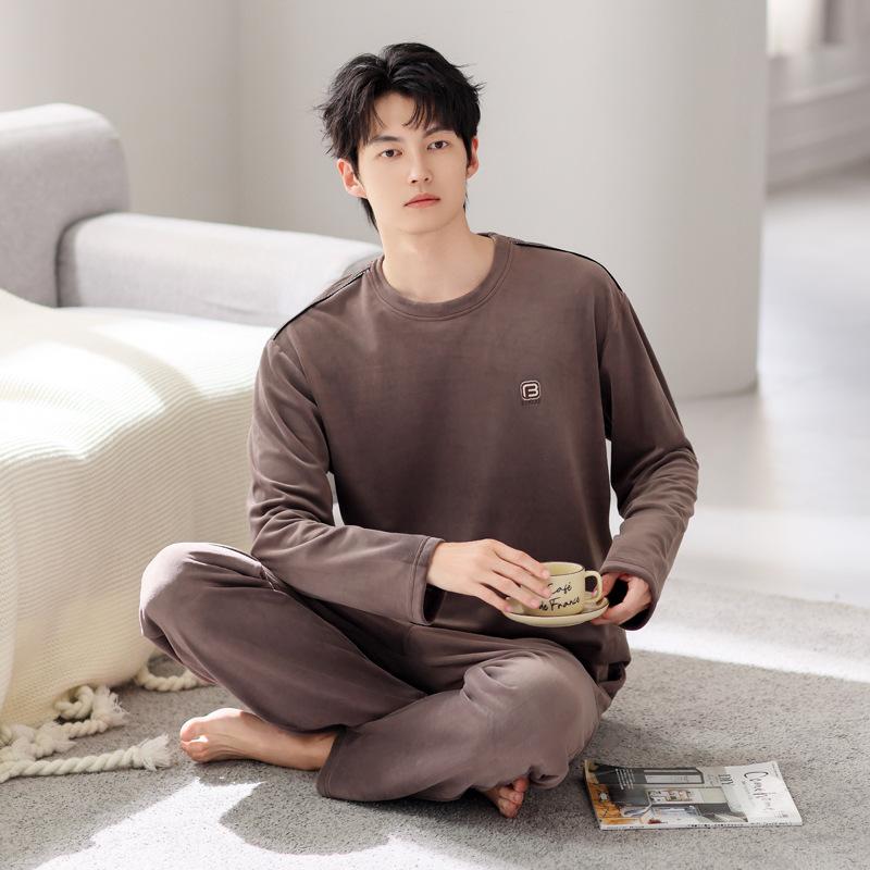 Pajamas Men'S Autumn And Winter Winter Island Fleece Coral Fleece Thickened Flannel Loungewear Winter Pullover