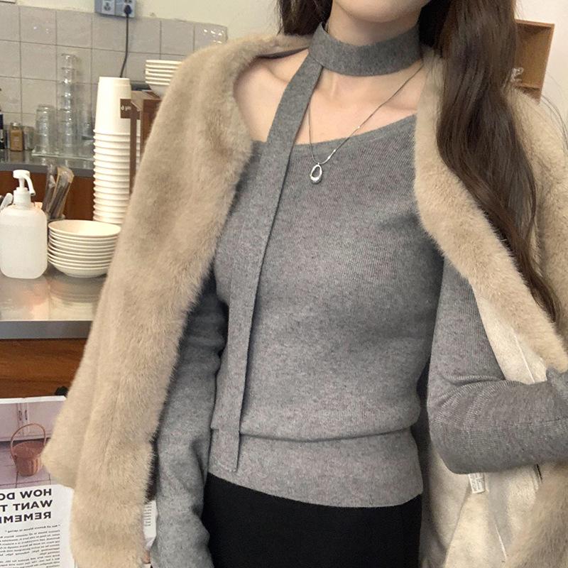 Women's One-Shoulder Halter Neck Slim Fit Sweater
