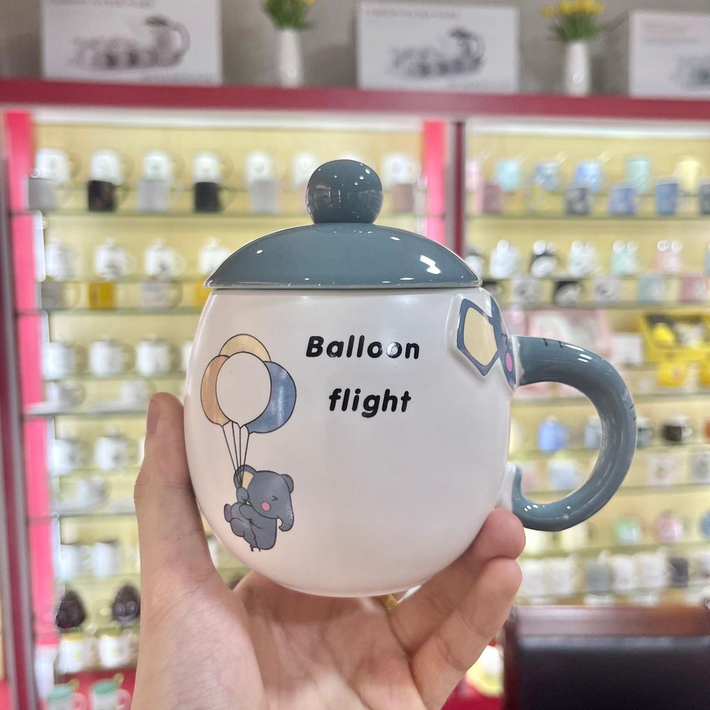 Creative and Cute Elephant Mugs Office Home Ceramic Cups  Covered Spoons  Student Breakfast Milk Cups Coffee Cups