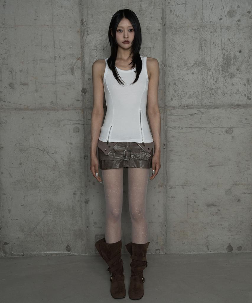 Etosome Front Zipper Belt Leather Skirt Pants (Moca)