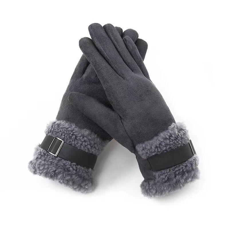 Plush Cuff Metal Buckle Suede Gloves Solid Color Thickened Warm Gloves Women's Stylish Versatile Cold-proof Gloves