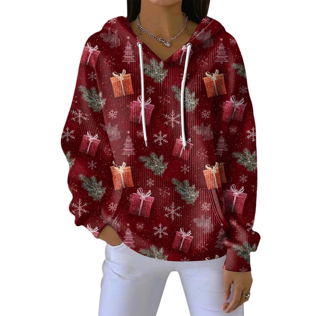Women's Loose Comfortable Casual Fashion V-Neck Christmas Print Long Sleeve Hoodie