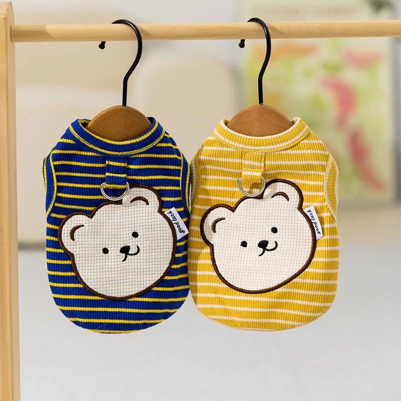 Pet Spring/Summer Striped Tank Top Cartoon Bear Base Shirt Cute Tank Top Teddy Small Dog Two Leg Coat Thin Puppy Clothes