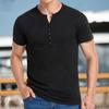V-Neck Buttons Half Placket Short Sleeve Men T-shirt Summer Solid Color Simple Tee Shirt Streetwear
