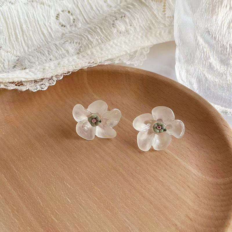 S925 Silver Needle Transparent Acrylic Flower Stud & Clip Earrings for Women – Japanese Korean Style