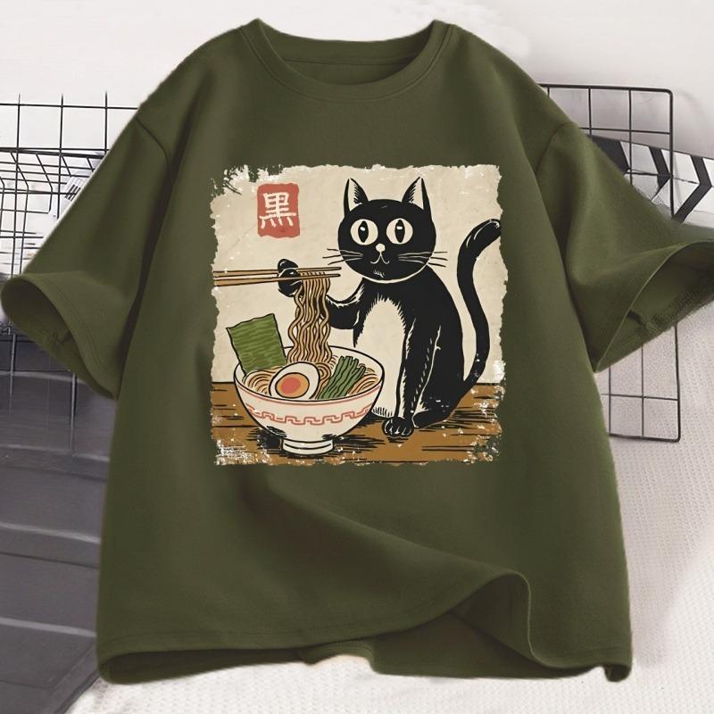 Funny Black Cat RaUnisex Tshirt Unisex Women Japanese Graphic Tees Kawaii Cat Anime Print T Shirt Casual Short Sleeve Unisexs Clothes
