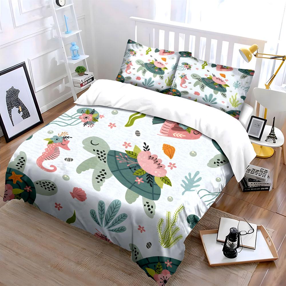 Sea Turtles and Floral Pattern Bedding Duvet Cover Set  (1*Duvet Cover 2*Pillowcases, Without Duvet Insert)