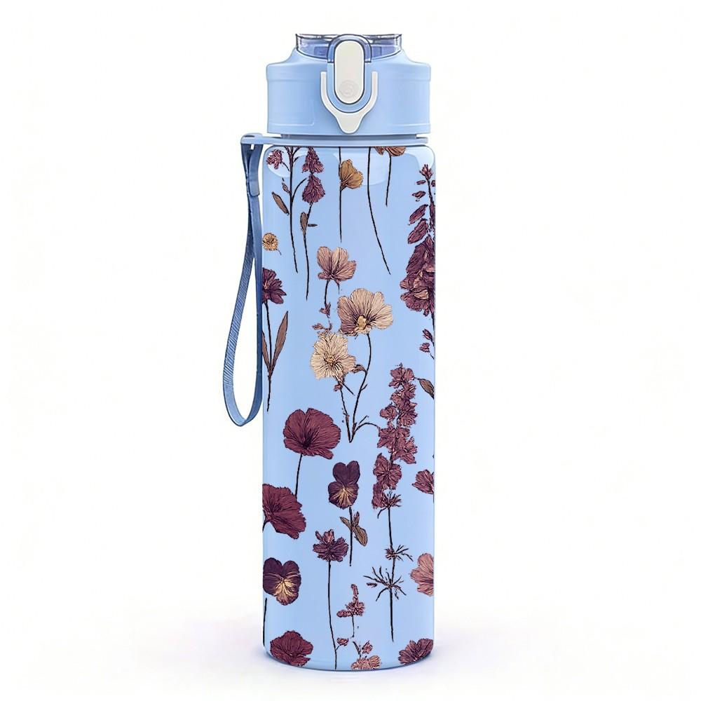 1PC Purple Lavender Floral Bouquet Print 750ml Color Plastic Sports Water Bottle Leakproof Flip Straw Lid Suitable for Sports Office Home Use