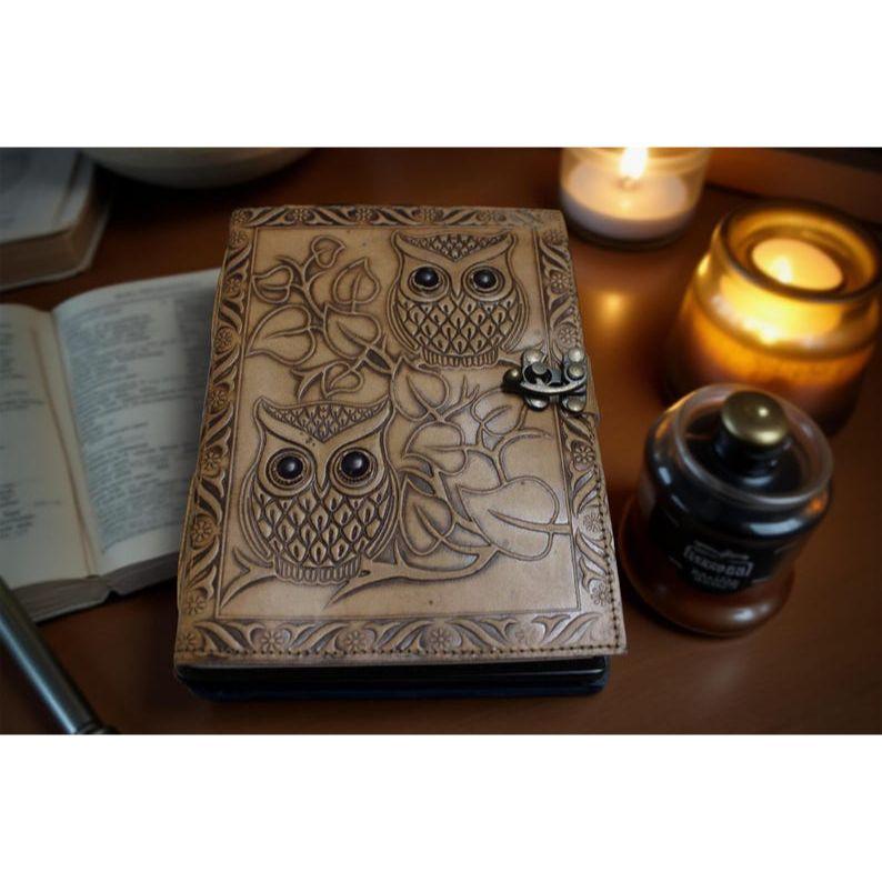 

Owl Leather Grimoire Journal Handmade Blank Spell Book of Shadow Leather Sketchbook Travel Notebook Writers Gift For Her Him 7 x 5 in - 100 page