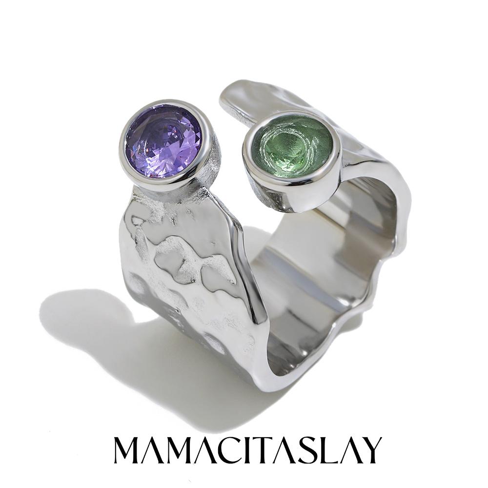 

MamacitaSlay 316L Stainless Steel Hammered Texture Asymmetric Zircon Ring 18K Gold Plated Waterproof Vintage Jewelry For Women 6 срібний