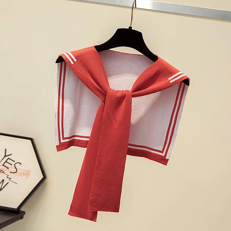 Korean College Navy Stripe Wool Knit Shoulder Cape Knotted Warm Shawl Summer Air Conditioned Room Protect Neck Woman's Scarf