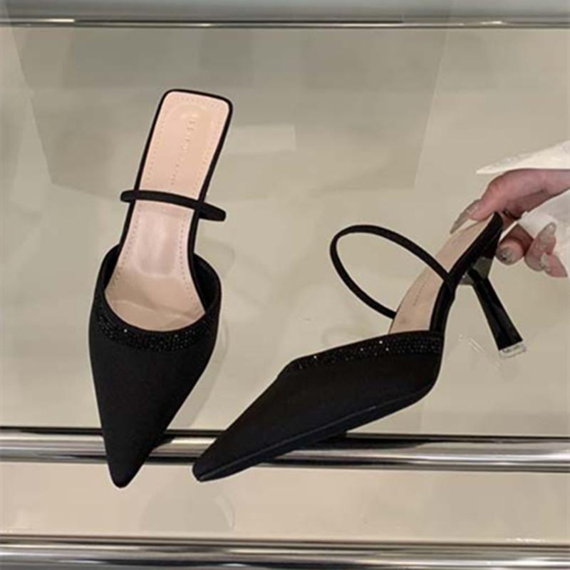 Fashion Luxury Satin Rhinestone Decorated Slide Heeled Sandal Women Sexy Pointed Toe Back Strap High Heels Summer Elegant Women Slippers