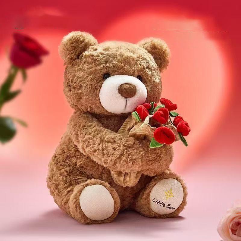 Schattige Creativiteit Teddybeer Pluche Pop Met Rozenboeket Pluizig Knuffeldier Speelgoed Voor Valentijnsdag Cadeau Voor Haar Persoonlijkheid 38cm brown