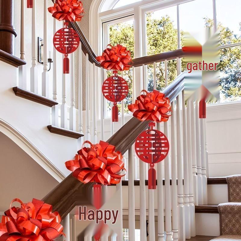 Double Happiness Ribbon & Flower Stair Railing Decoration for Wedding Room