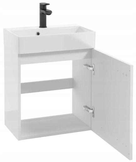 Szafka łazienkowa wisząca biały połysk, czarne uchwyty 60x50cm bateria i syfon Elara