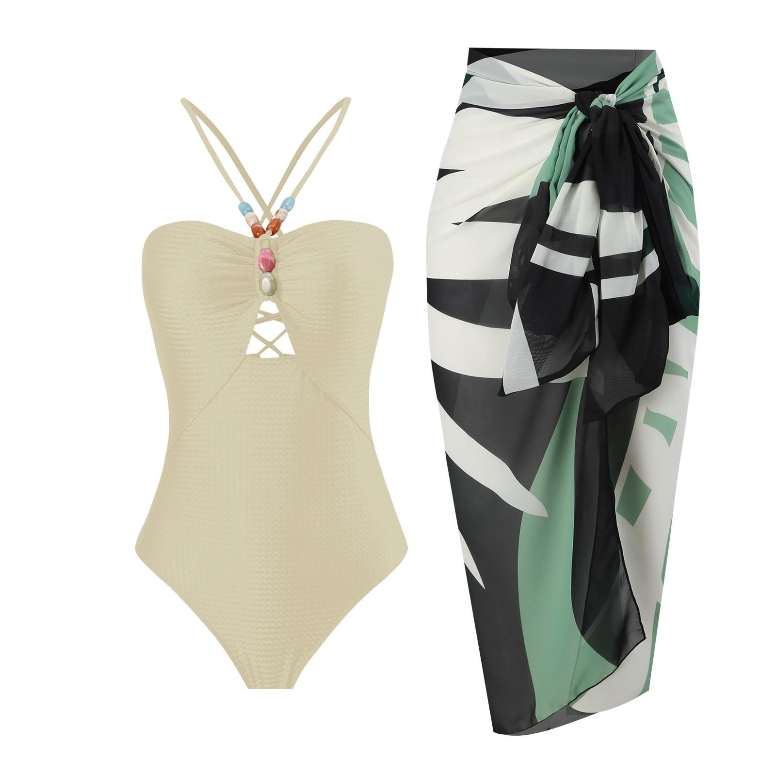 

Женский сексуальный приталенный комплект из двух частей с купальником с принтом и длинной юбкой L бежевый