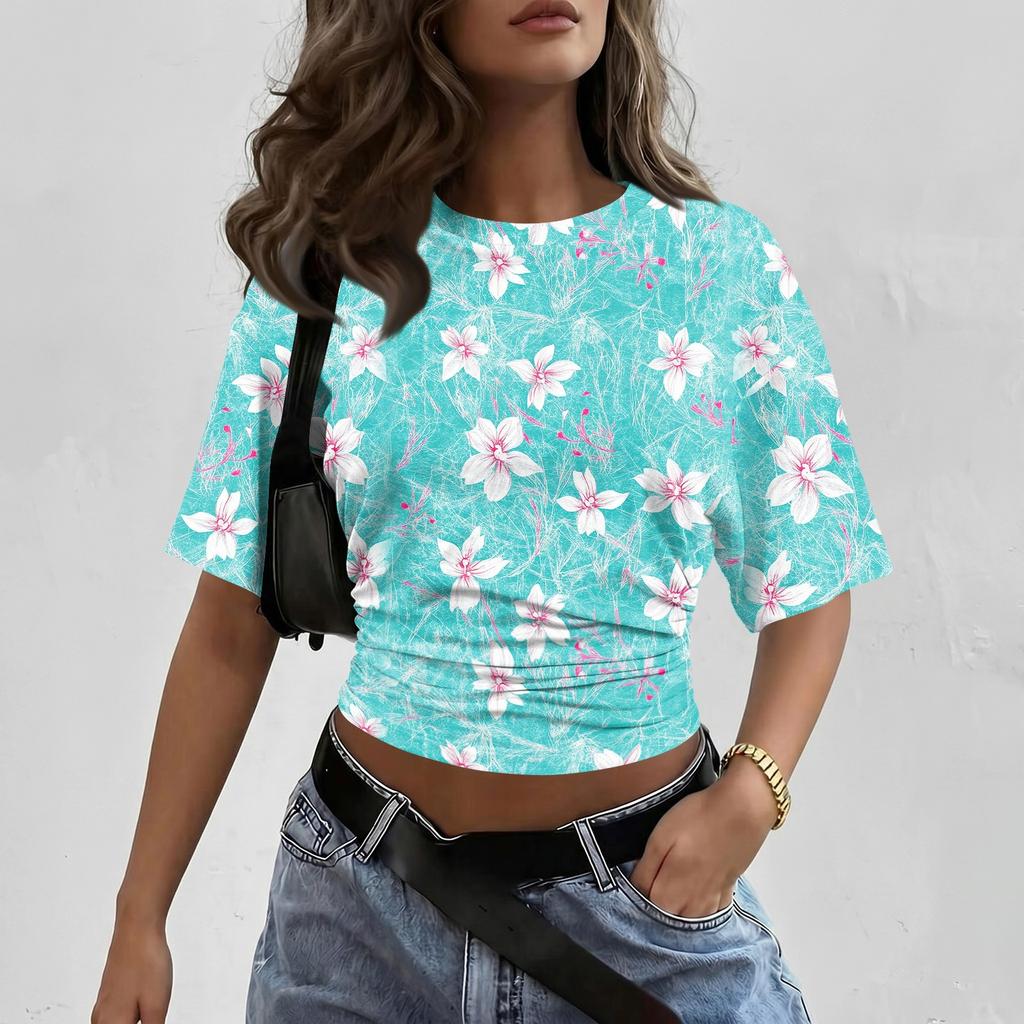 Women's Crew Neck Pullover Short Sleeve T-Shirt Floral Print Loose Fit Casual Top for Everyday Wear