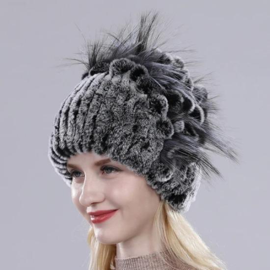 Brand Women Genuine Rex Rabbit Fur Hats Winter Rex Rabbit Fur Beanies Striped Top Flower Fox Fur Warm Real Fur Knit Caps