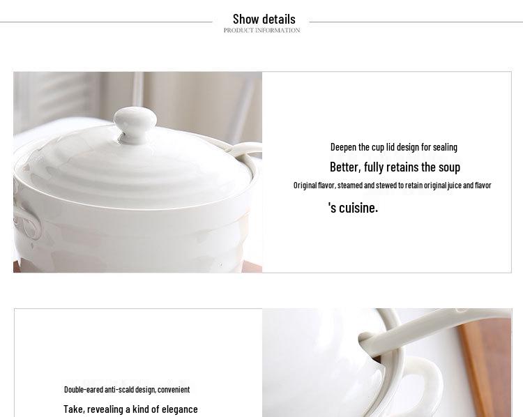 Double Ear Ceramic Soup Bowl Set with Lid - Microwave Safe, Includes Large Spoon and Tureen, Pure White, Creative Design (8 Bowls)