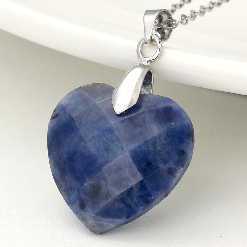 Valentine's Day Crystal Heart Pendant Necklace for Women, Natural Stone & Titanium Steel