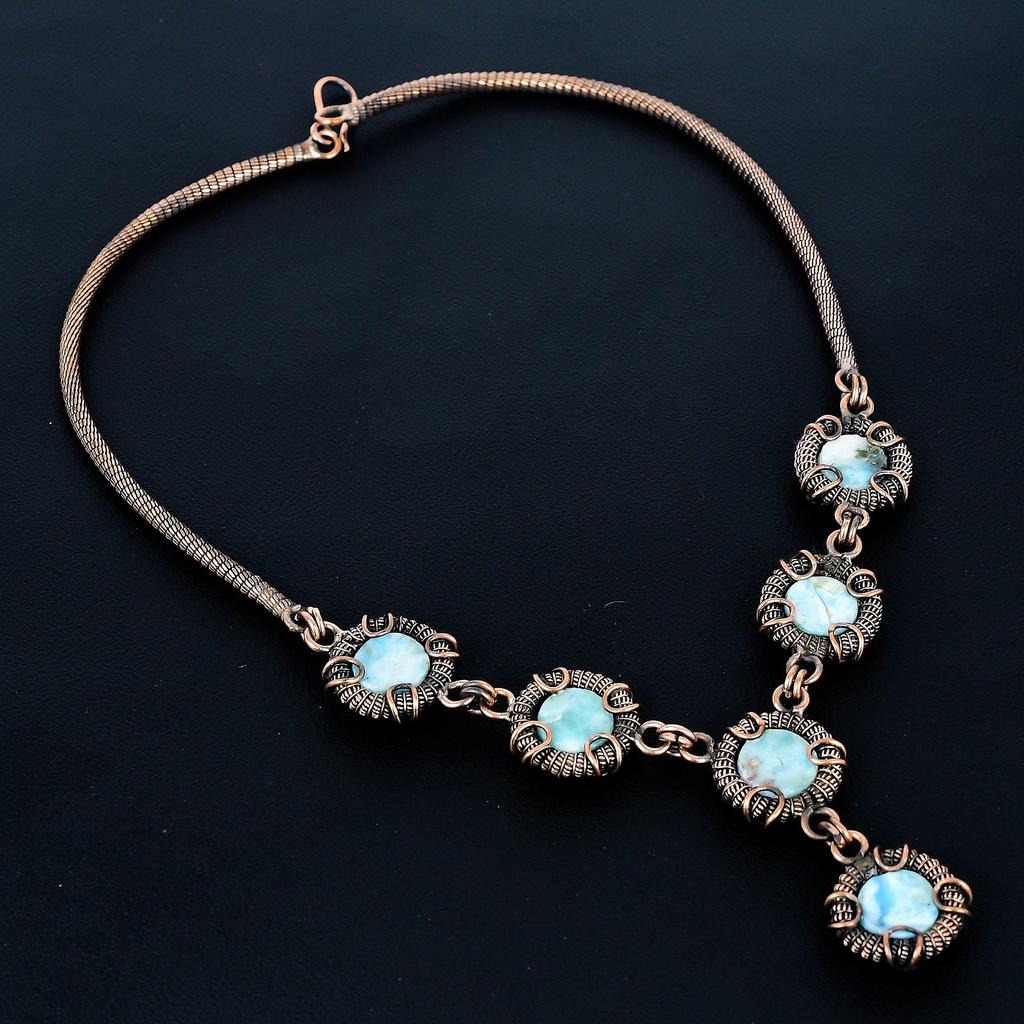 Larimar Necklace, 999 Copper Wire Wrapped Adjustable Chain Necklace. Gift For Women Handmade Necklace Gemstone Jewelry