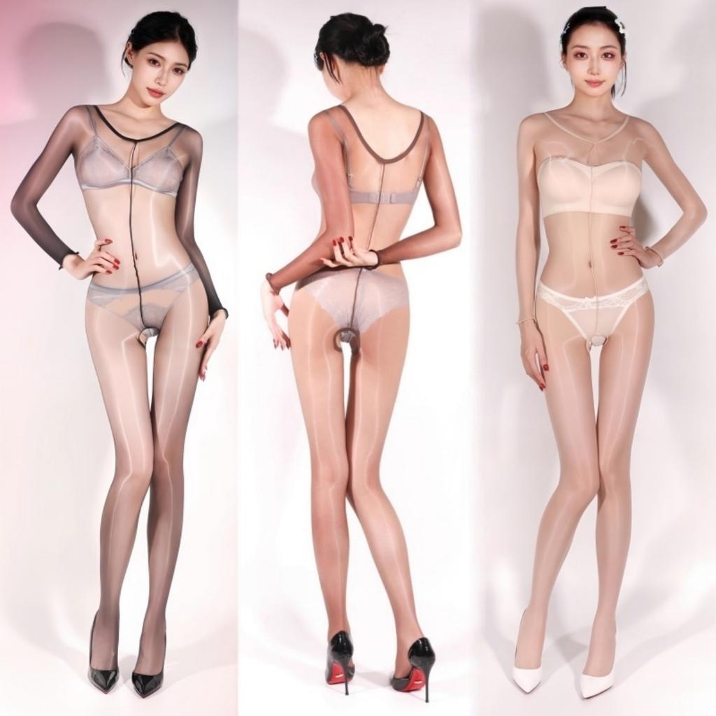 Open Crotch Smooth Silky Bodysuits Oil Shiny Full Body Stockings Erotic Lingerie See Through Nightwear Women Pole Dance Wear