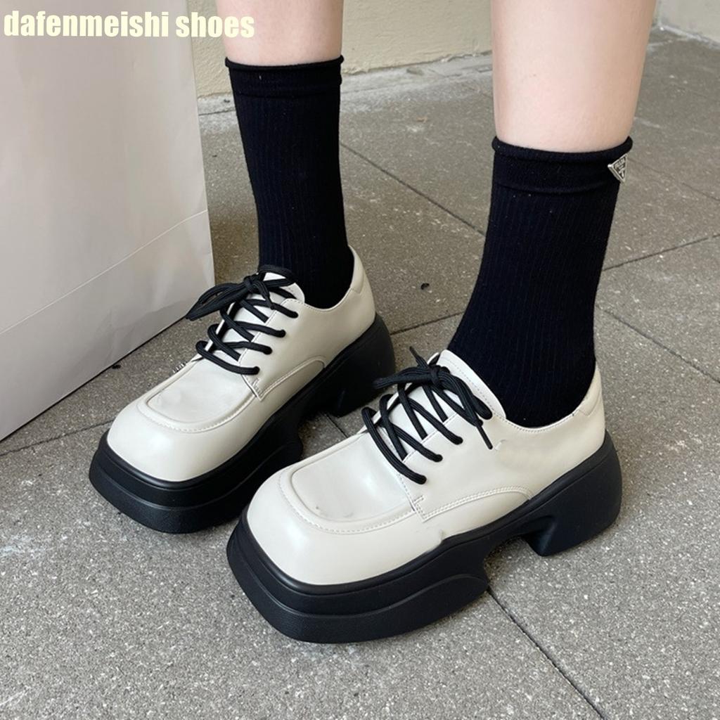 Square Toe Platform Women Loafers Shoes 2025 Summer New Lace Up Thick Sole Mixed Color Shoes Real Leather Shoes