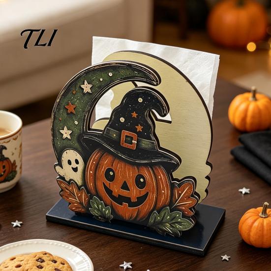 Kitchen Countertop Decoration Halloween Wood Napkin Holder, Rustic Ghost Skeleton Owl Pumpkin Dispenser, Tissue Holder Vintage Tabletop Standing