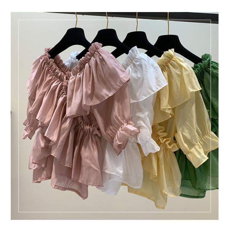 Bluză cu mânecă scurtă cu volane Top scurt de vară cu decolteu în V Cămașă verde