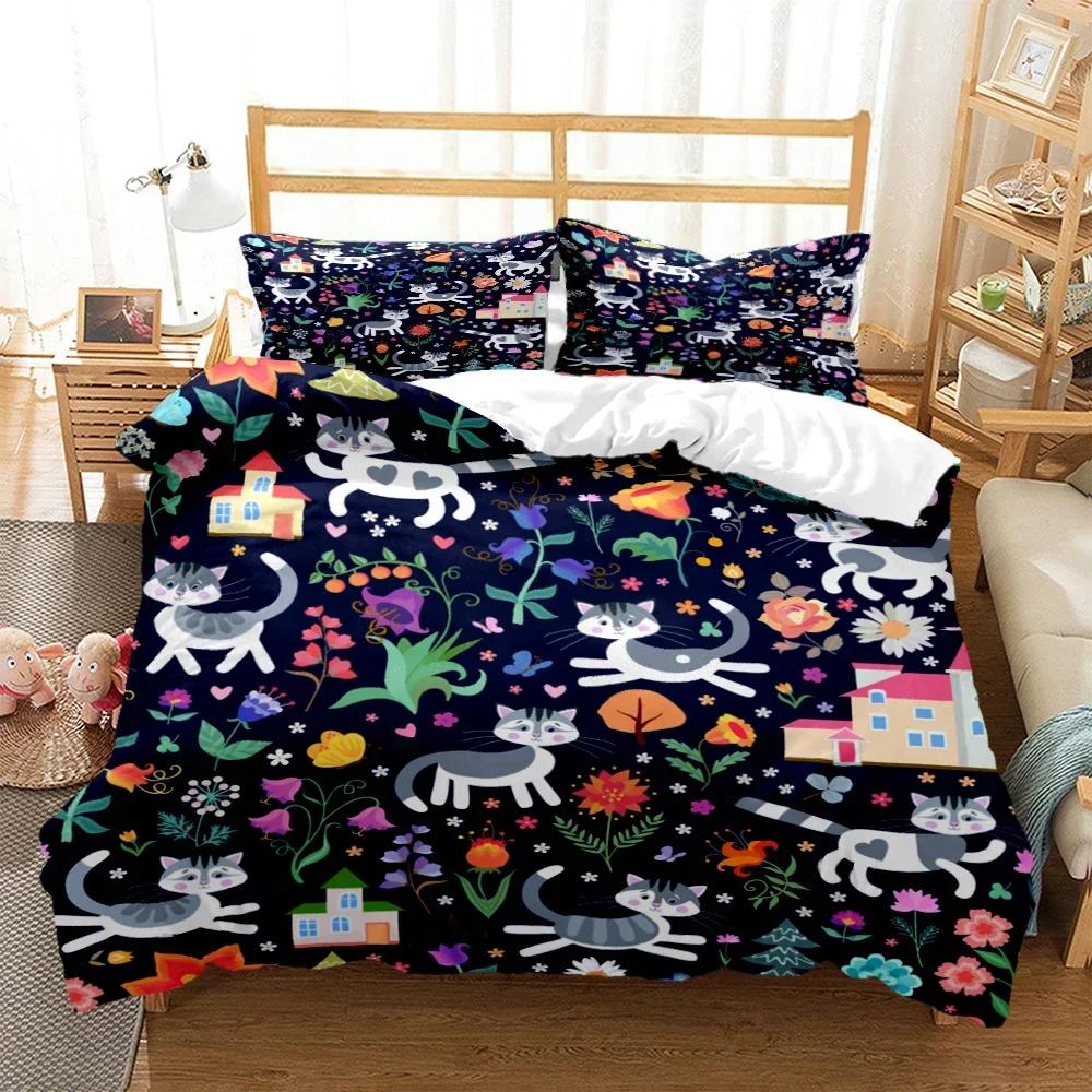 New 3D Print Cartoon Cat Print Comfortable Duvet Quilt Cover Pillowcase Bedding Set Children Bedroom Decoration Home Textile