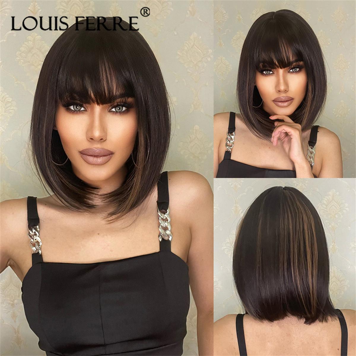 

Короткі темно-русяві перуки з синтетичним волоссям Ombre з чубчиком для жінок, щоденна перука для косплея