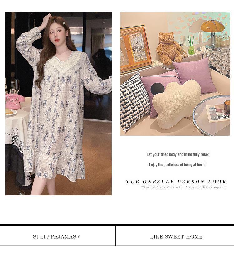2025 V-Neck Pearl Cotton Long Sleeve Nightgown with Chest Pad – Spring/Autumn Oversized Sleep Dress for Indoor/Outdoor Wear