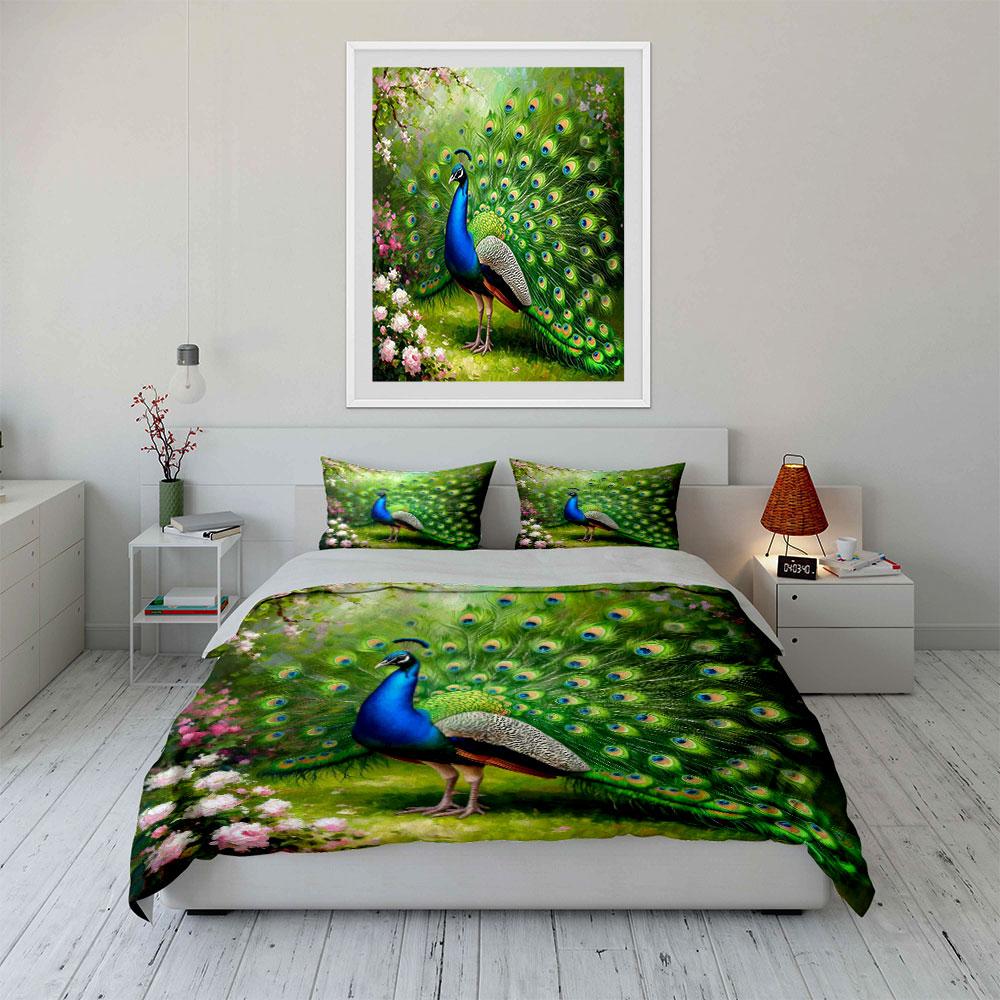 Oil Painting Peacock Full Open Tail Floral Garden Bedding SetGreen Bird Pink Flower Vintage Art Print 1Duvet Cover 2 Pillowcase