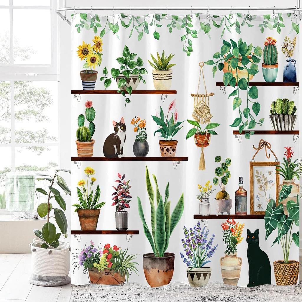 Plants Cat Shower Curtain Cute Shower Curtain for Bathroom with 12 Hooks Polyester Fabric Waterproof Shower Curtains for