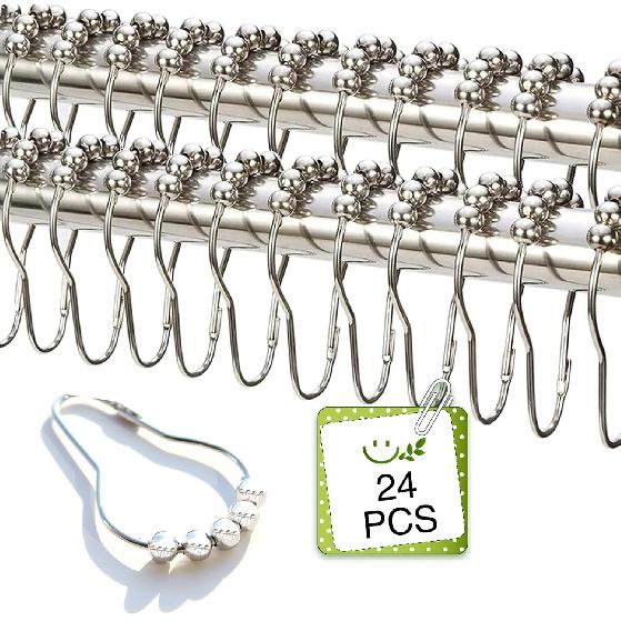 24 Pieces Stainless Steel Shower Curtain Hooks and Rings Set - Polished Nickel, Lightweight and Durable for Bathroom Curtain Rollers and Shower