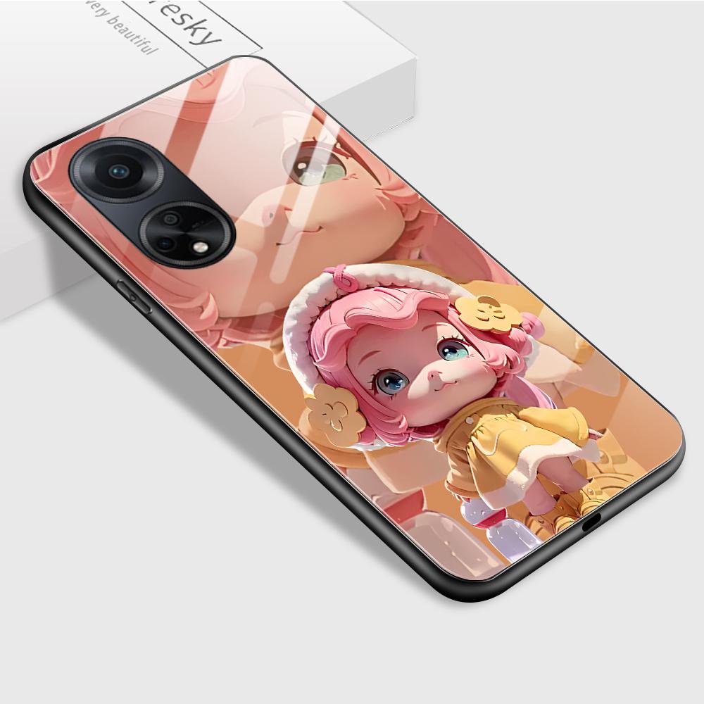 For OPPO A16 A16s A18 A38 A58 A78 A96 A98 Reno8T 10 Pro 12F Realme C30 C33 C63 C65 C67 Cute Cartoon Girl Shockproof Glossy Tempered Glass Phone Case