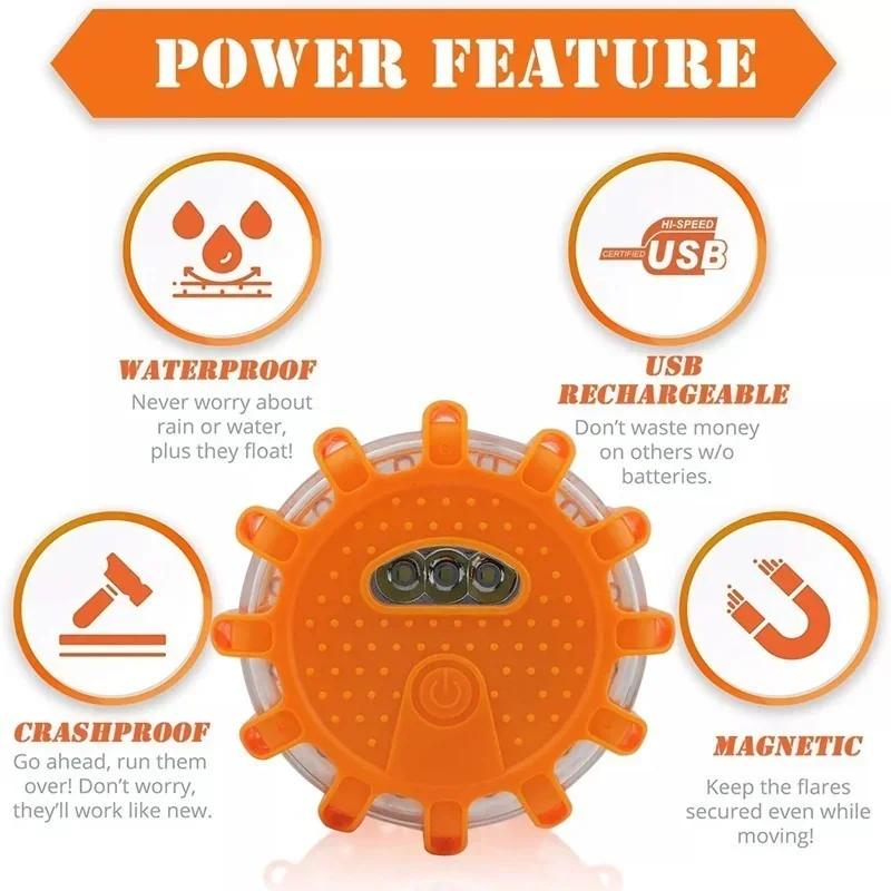 3 Pack LED Road Flares Emergency Warning Lights USB Rechargeable Magnetic Flashing Base Safety Disc for Roadside Assistance