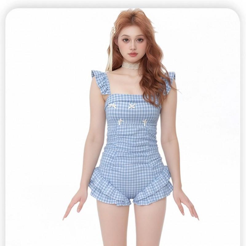 Sweet Blue Plaid One-Piece Swimsuit Women With Ruffle Trim Padded Bust High Elasticity Quick Dry