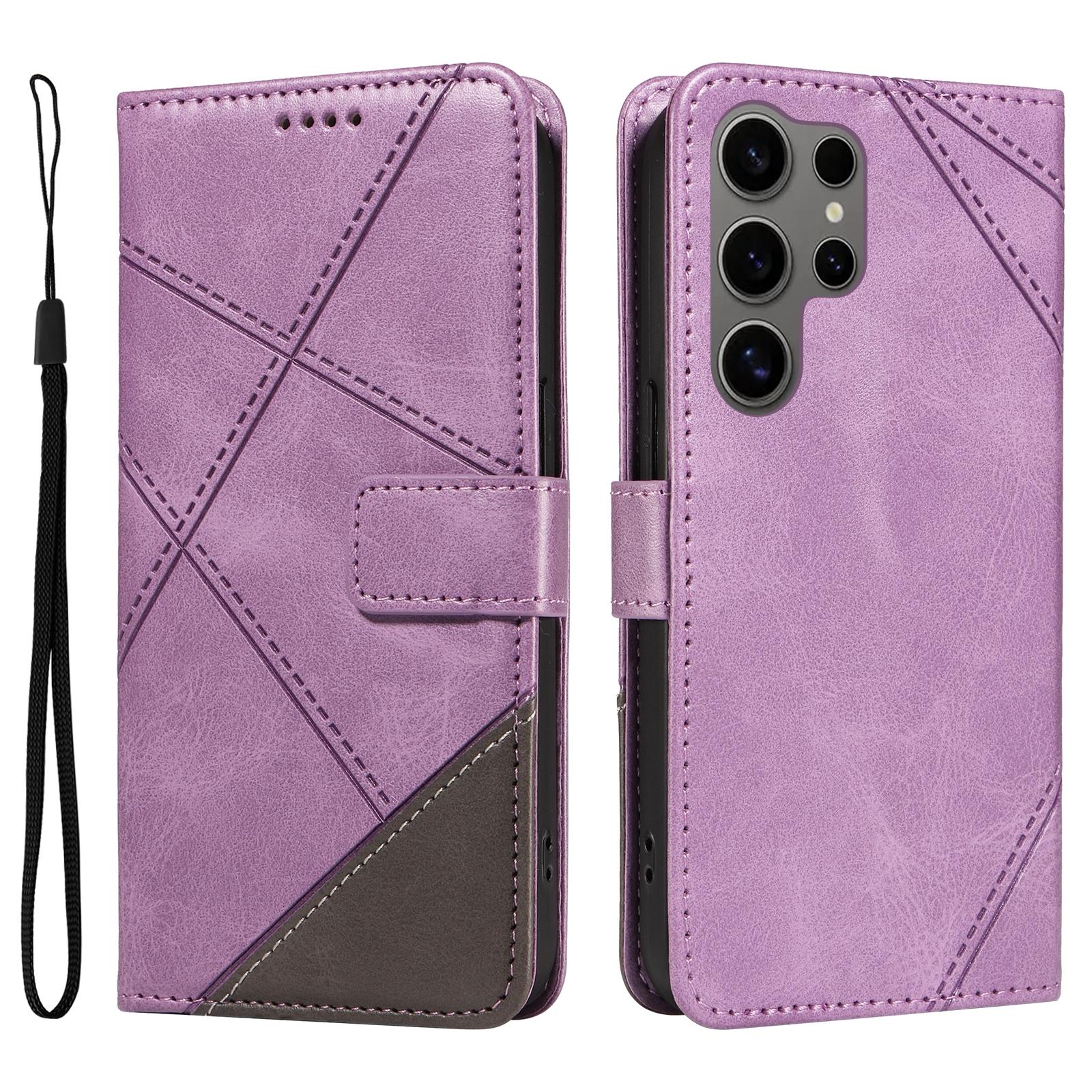 

For Samsung Galaxy S25 Ultra Case Leather Geometric Line Wallet Phone Cover with Wrist Strap Light Purple