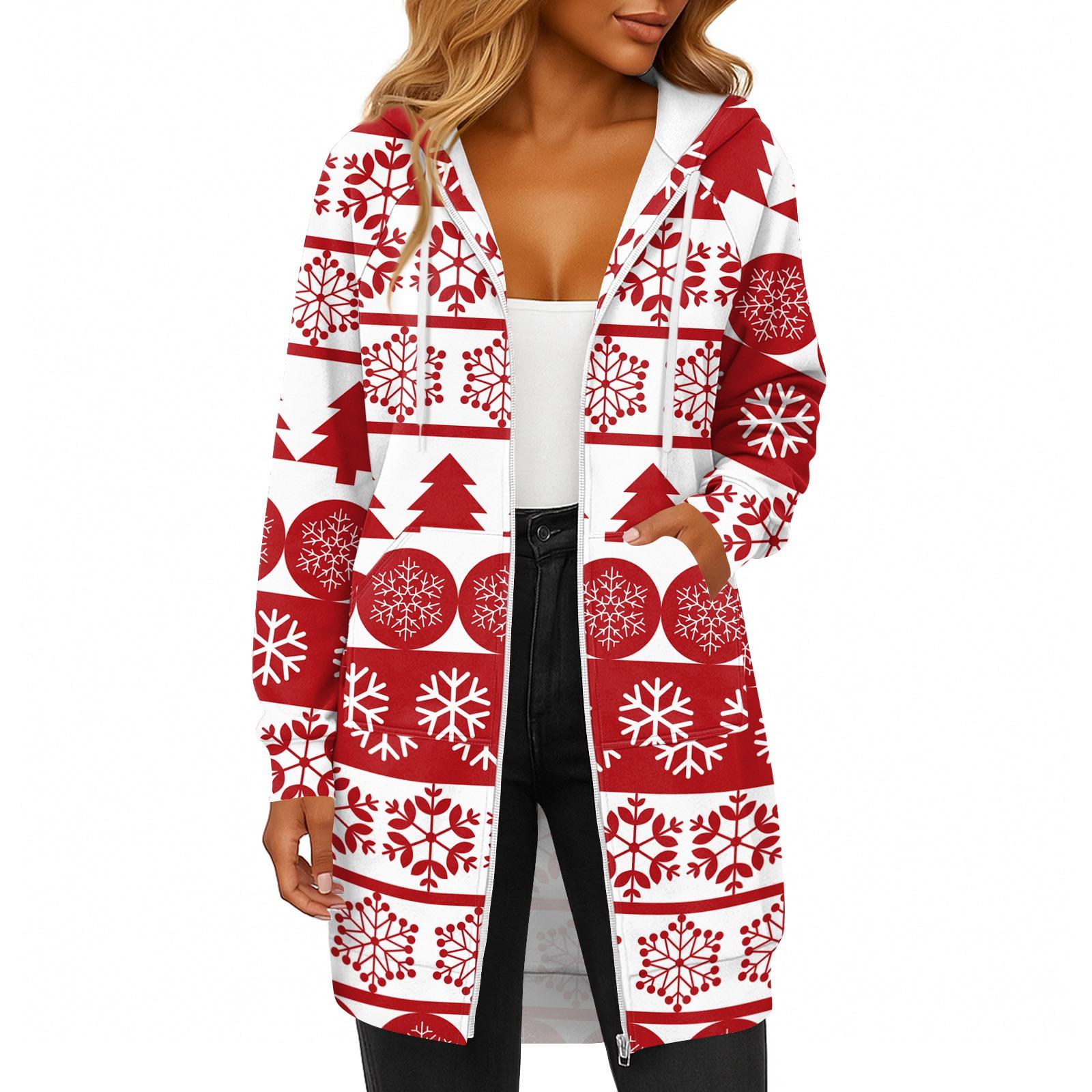 

Женская модная рождественская толстовка с длинными рукавами, капюшоном на кулиске, карманом на молнии, длинная, повседневная S