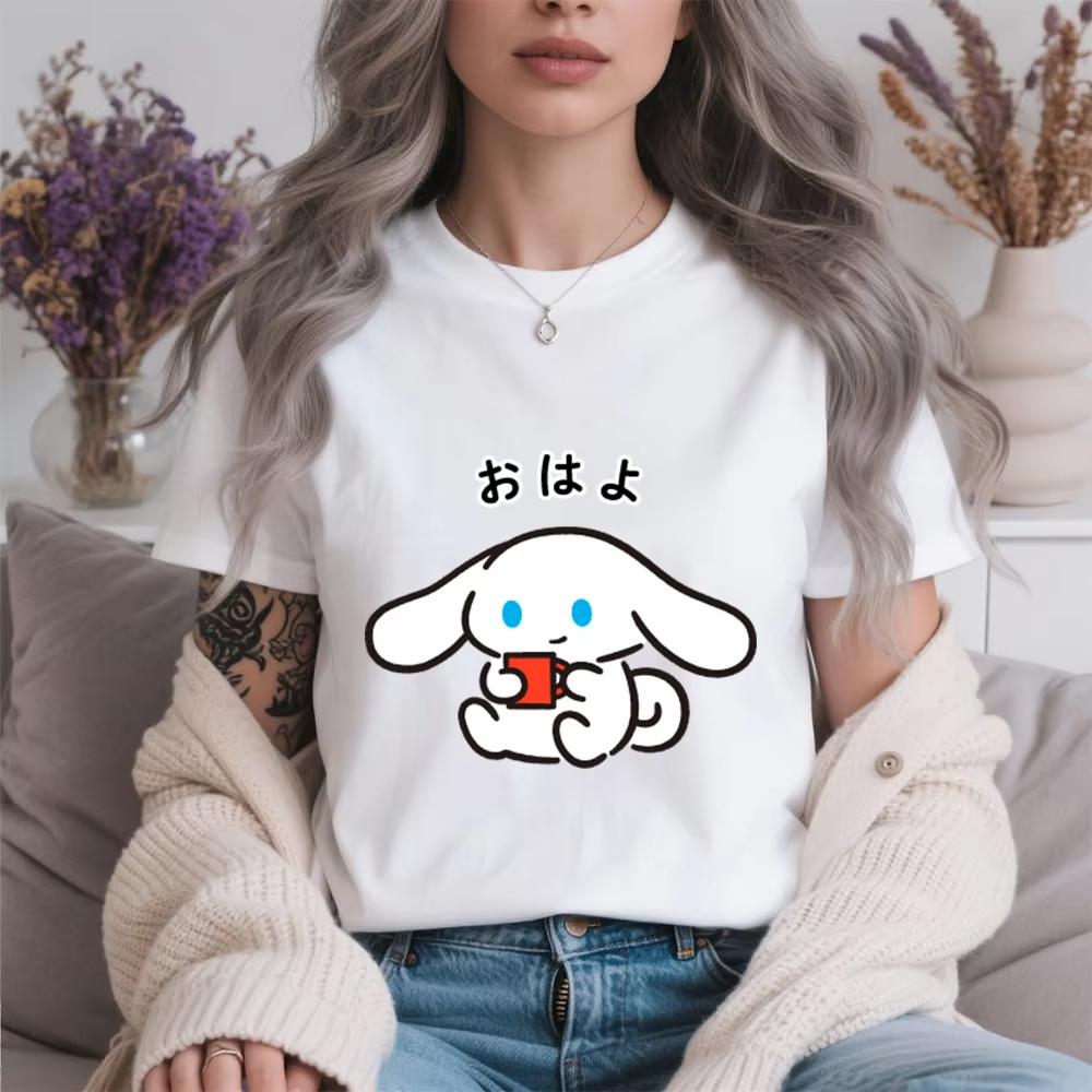 

2026 Summer Cute Cinnamoroll Good Morning Coffee Print Cotton T Shirt for Women Casual Comfort Soft Daily Wear Top S