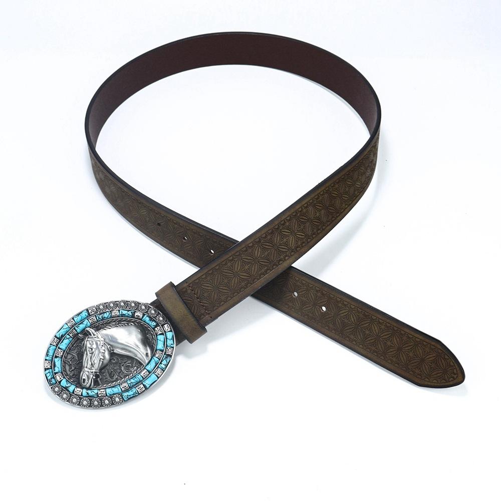 Men'S Western Denim Belt Horseback Retro Blue Retro Horsehead Punk Belt