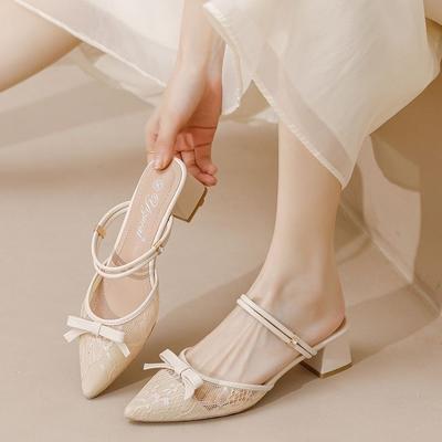 Damenschuhe Schleife Sommer 2024 mit Mittelhohen Absätzen Spitzschuh Schuhe Hausschuhe Sandalen für Damen Outdoor Spitze Großhandel Das Beste F